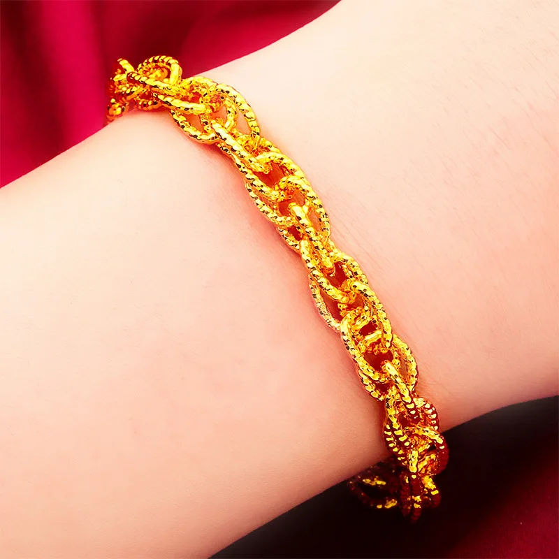 AU999 24K Gold Women's Star-Twist Bracelet-Polished Twist + Matte Stars Contrast, Chiseled Dewdrop Lines, Commute Date Aura Full