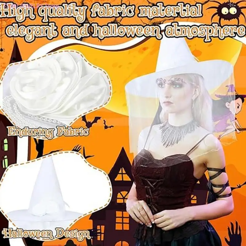 62KE Scary Halloween Bride Witch Hat with Veil Bride Wizard Hat Costume Headwear Birthday Cosplay Headpiece Costume