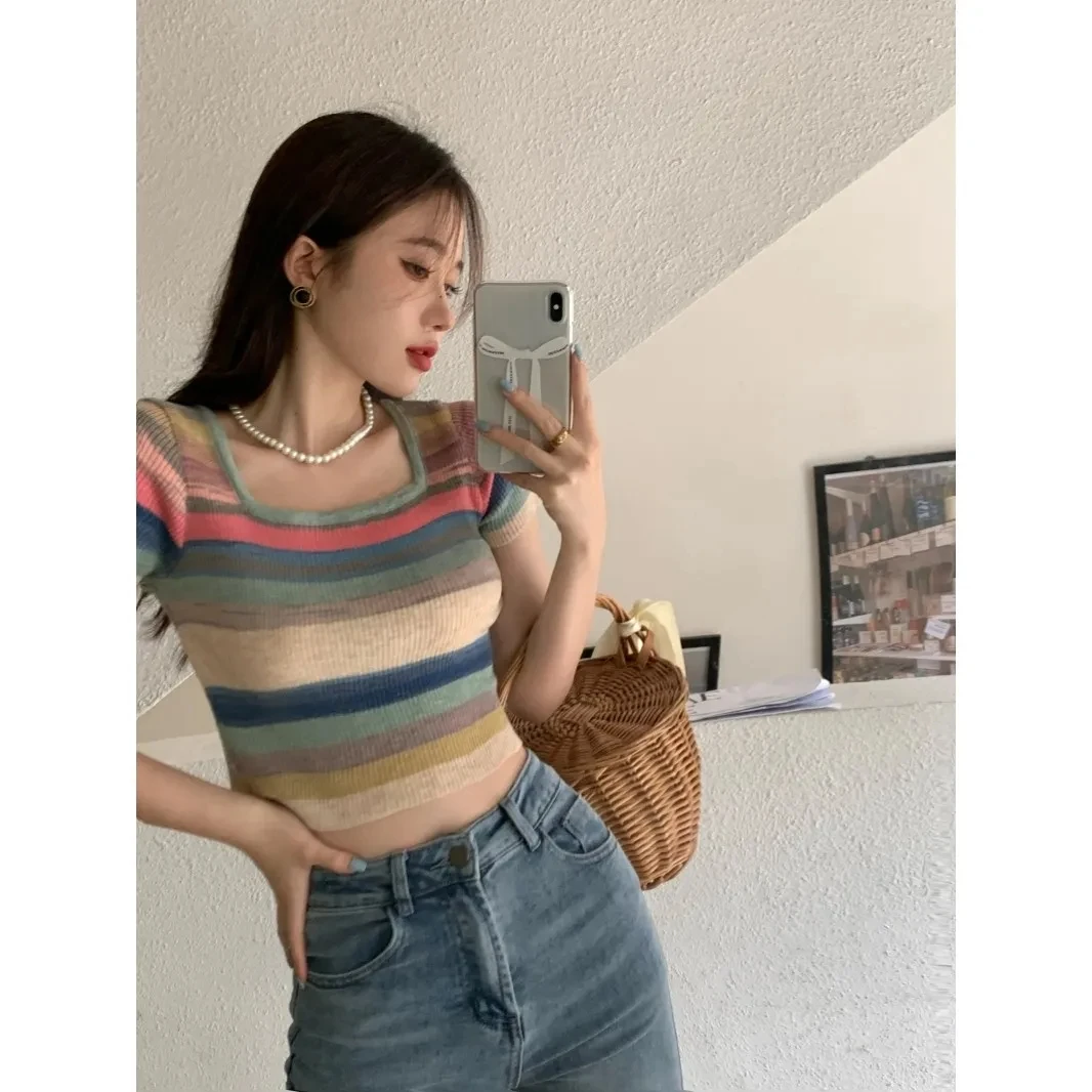 Rainbow Striped Short Sleeve T-Shirt Beautiful Women's Blouses 2022 Summer Korean Fashion Skinny Casual Top