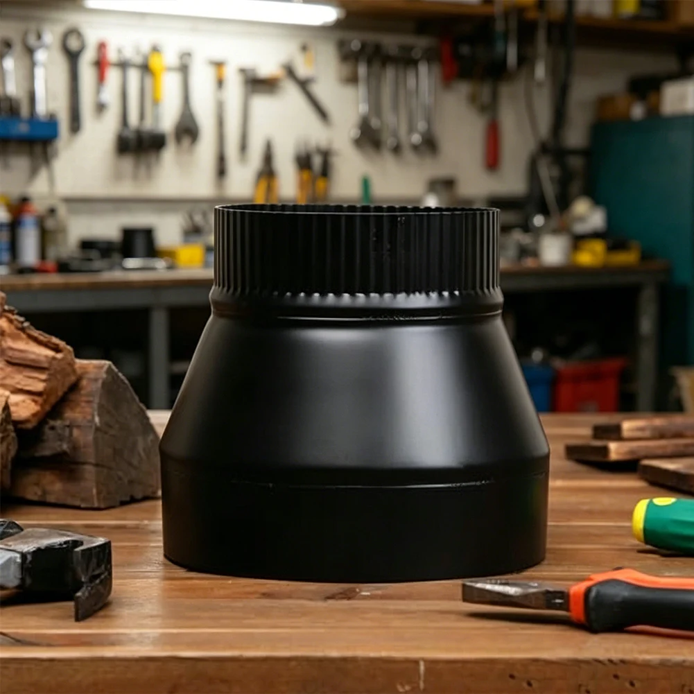 Stove pipe size reducer 8 down to 6 made from coated steel for high heat environments including hydroponics and HVAC ventilation