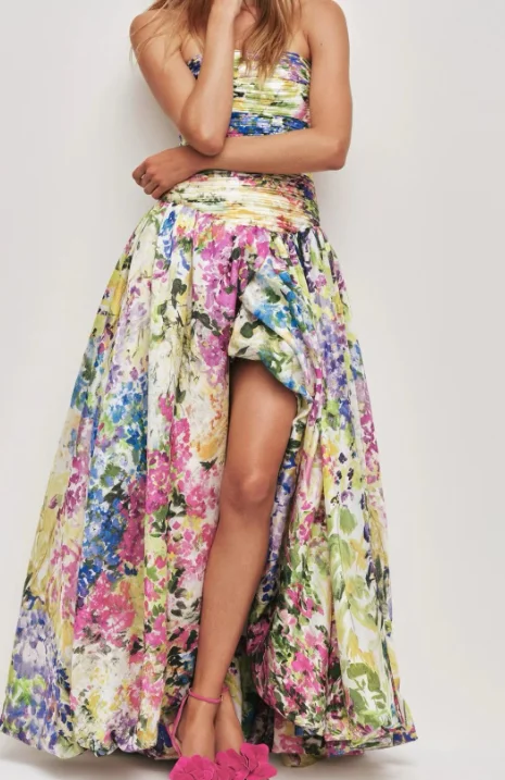 

Tube Midi and Mini Dresses 2025 New Green Floral Print Pleat Flower Bud Sleeveless