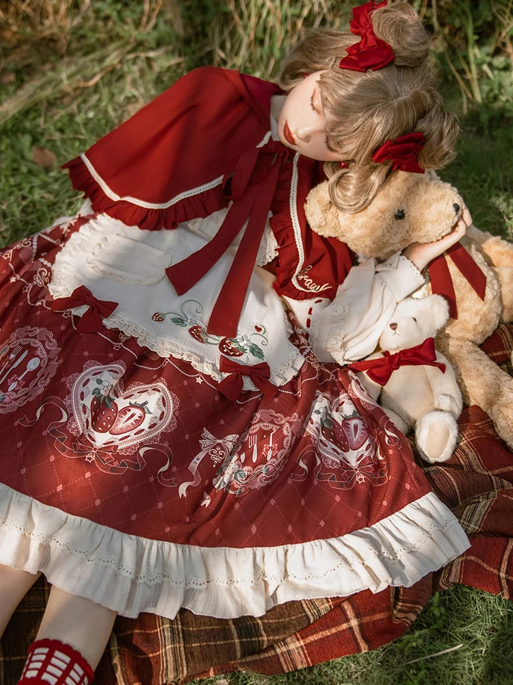 HOT Sweet Girl Lolita Women Dress Vintage Patchwork Red Dress con mantello Cute Female Cosplay Victorian Gothic Princess Dress