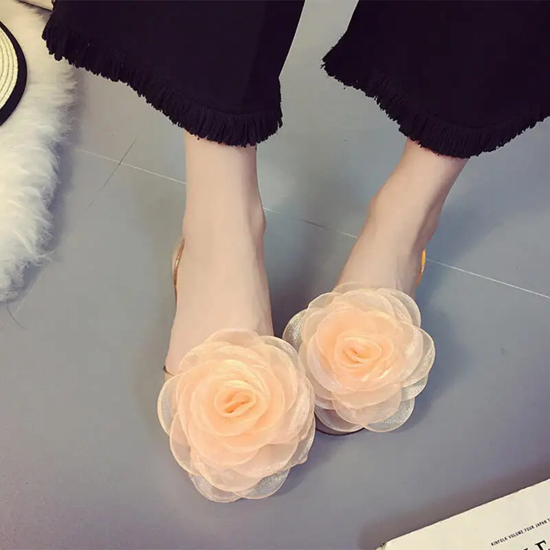 Elegante Koreanische Chiffon-Blumen-Jelly-Schuhe für Damen 2026 Sommer Mode Transparente Kristall-Outdoor-Flachsandalen zum Hineinschlüpfen Größe 35-41 – Detail 5