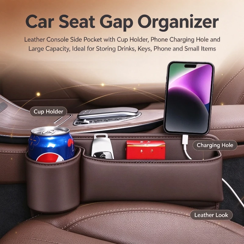 1PC Universal Car Seat Gap Filler Box Leather Storage Holder With Cup Stand And Charging Hole Interior Accessories