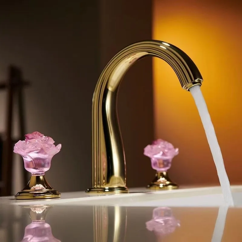 Nordic light luxury high-end all-copper gold double handle three-hole basin faucet hot and cold faucet hotel split faucet