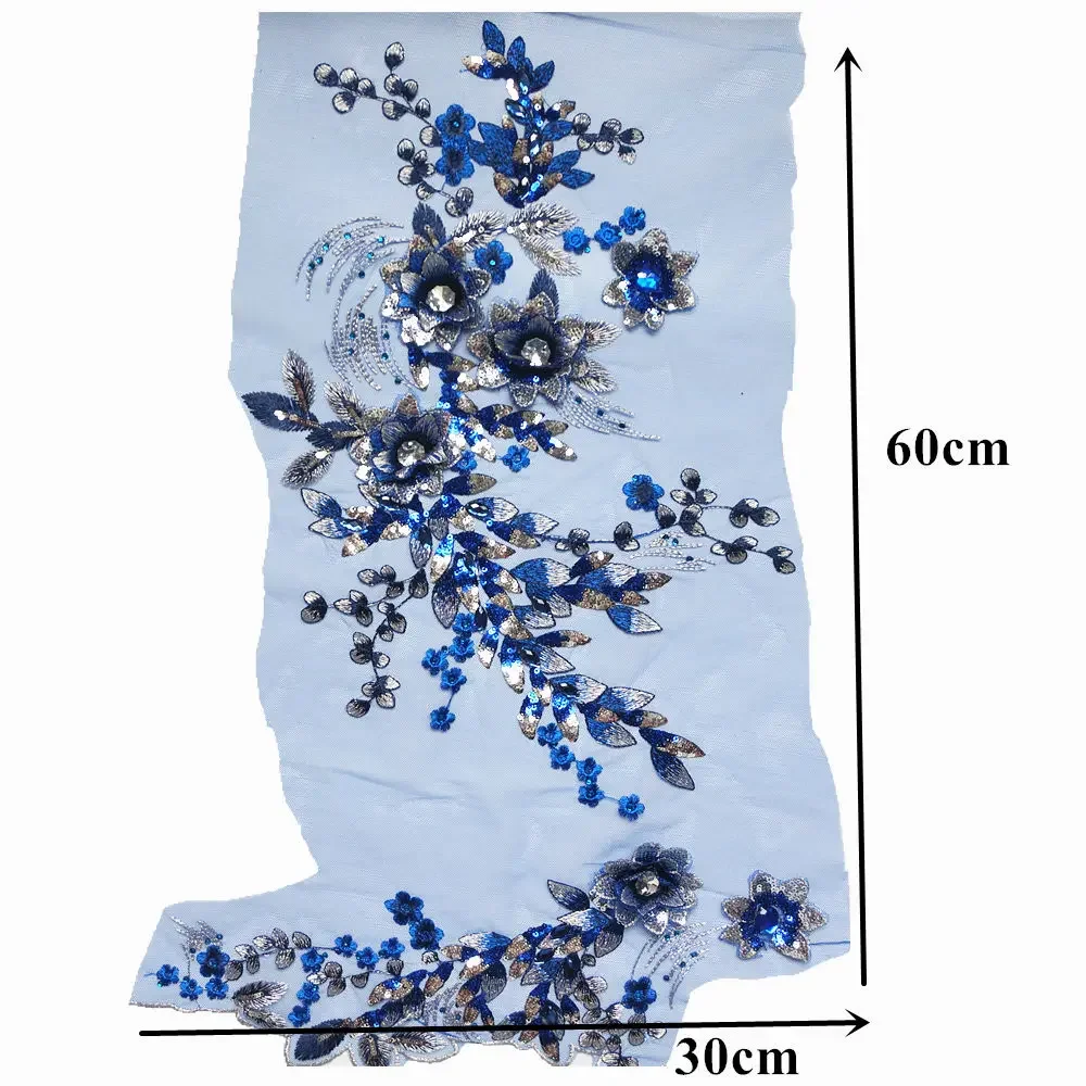 Black Blue Fabric 3D Flowers Beads Sequins Rhinestone Appliques Embroidery Lace Trims Mesh Sew On Patch For Wedding Dress DIY