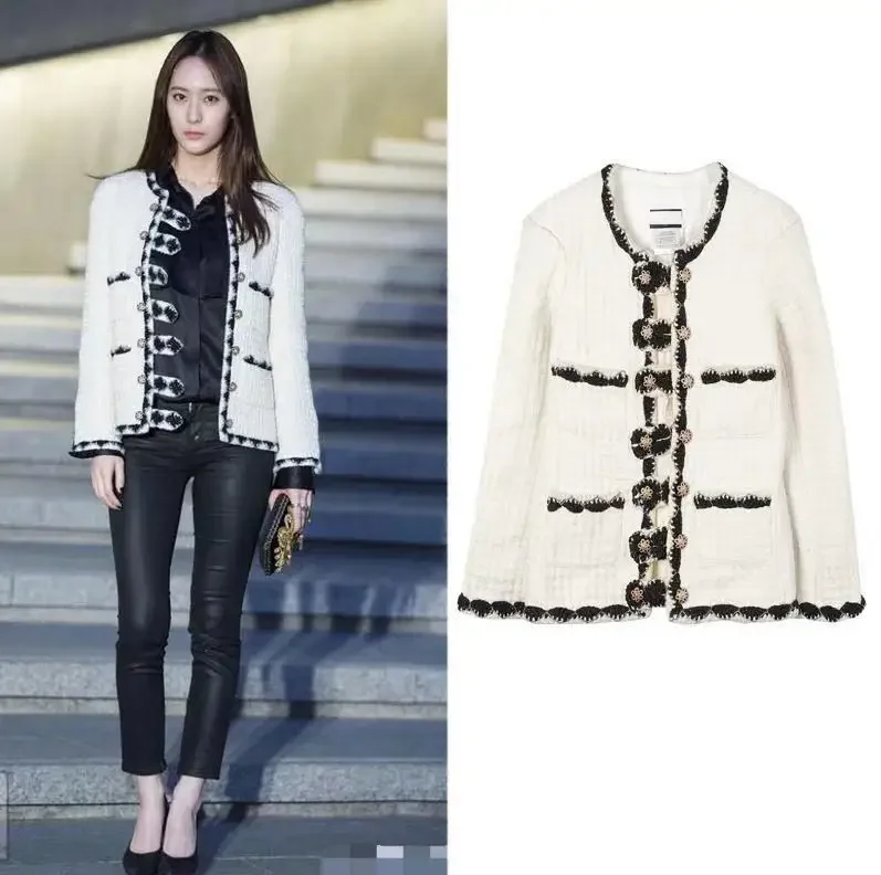 

New Small fragrant classic 4-Pocket black and white color matching wool coat
