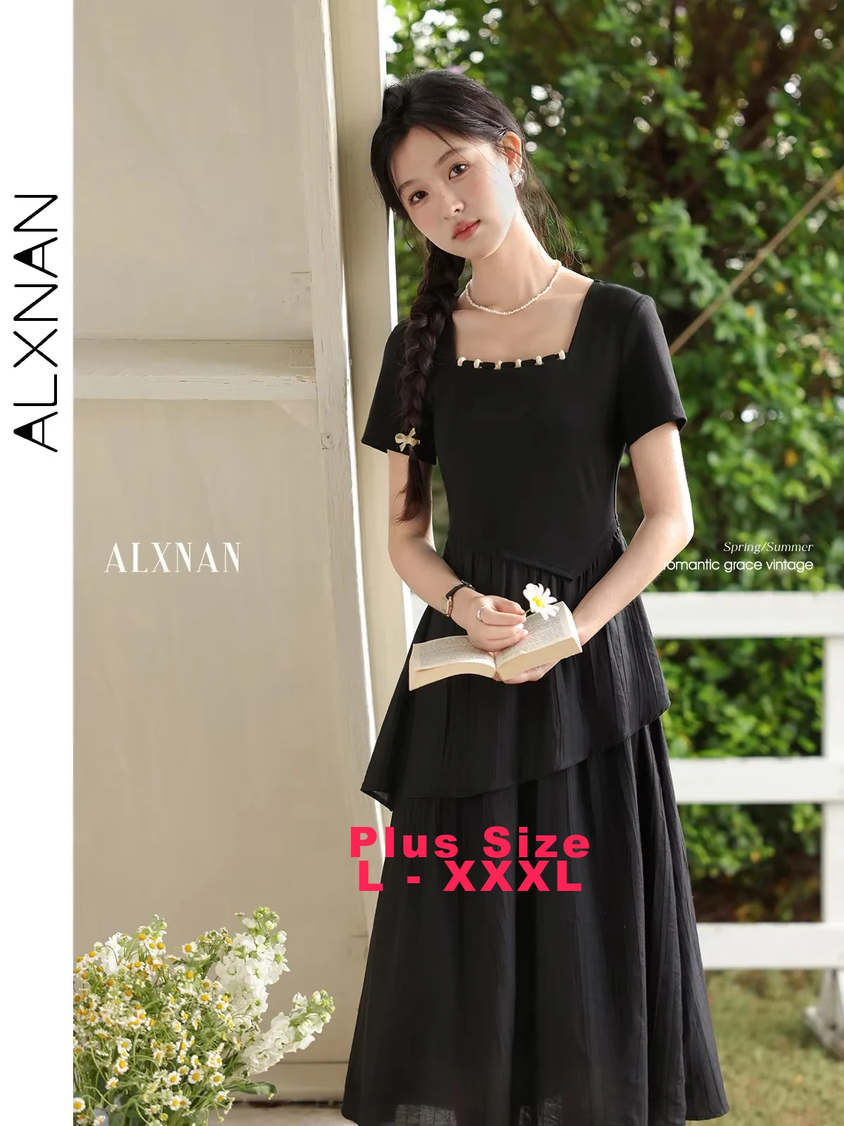 

ALXNAN Plus Size Women's Black Dress 2025 Summer One-piece Dress Elegant Square Collar Long Holiday Party Ladies Clothing D10055
