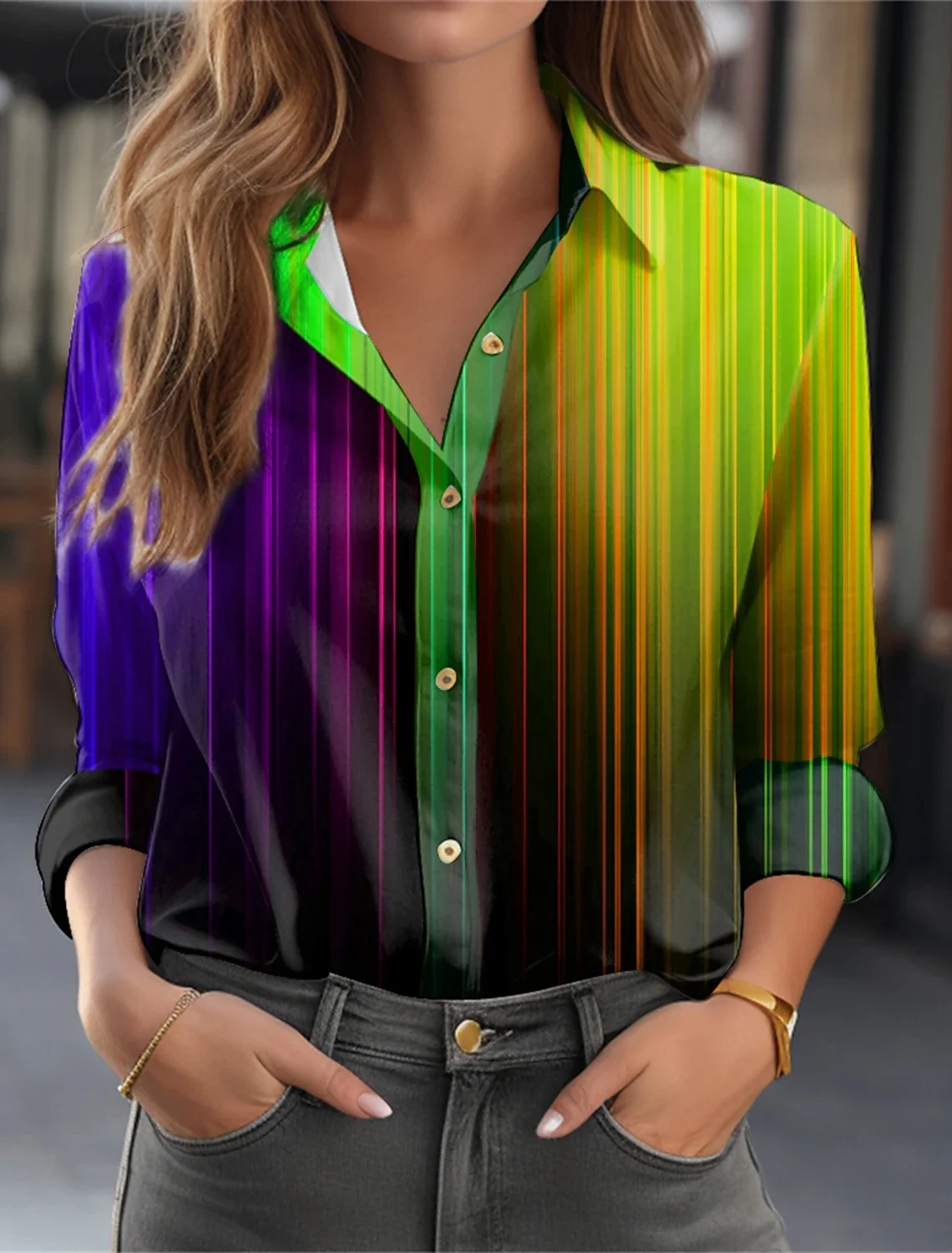 Camisa con solapa abotonada para mujer de alto temperamento preferida, camisa informal de manga larga para oficina para mujer, camisetas holgadas Ol con grafiti artístico