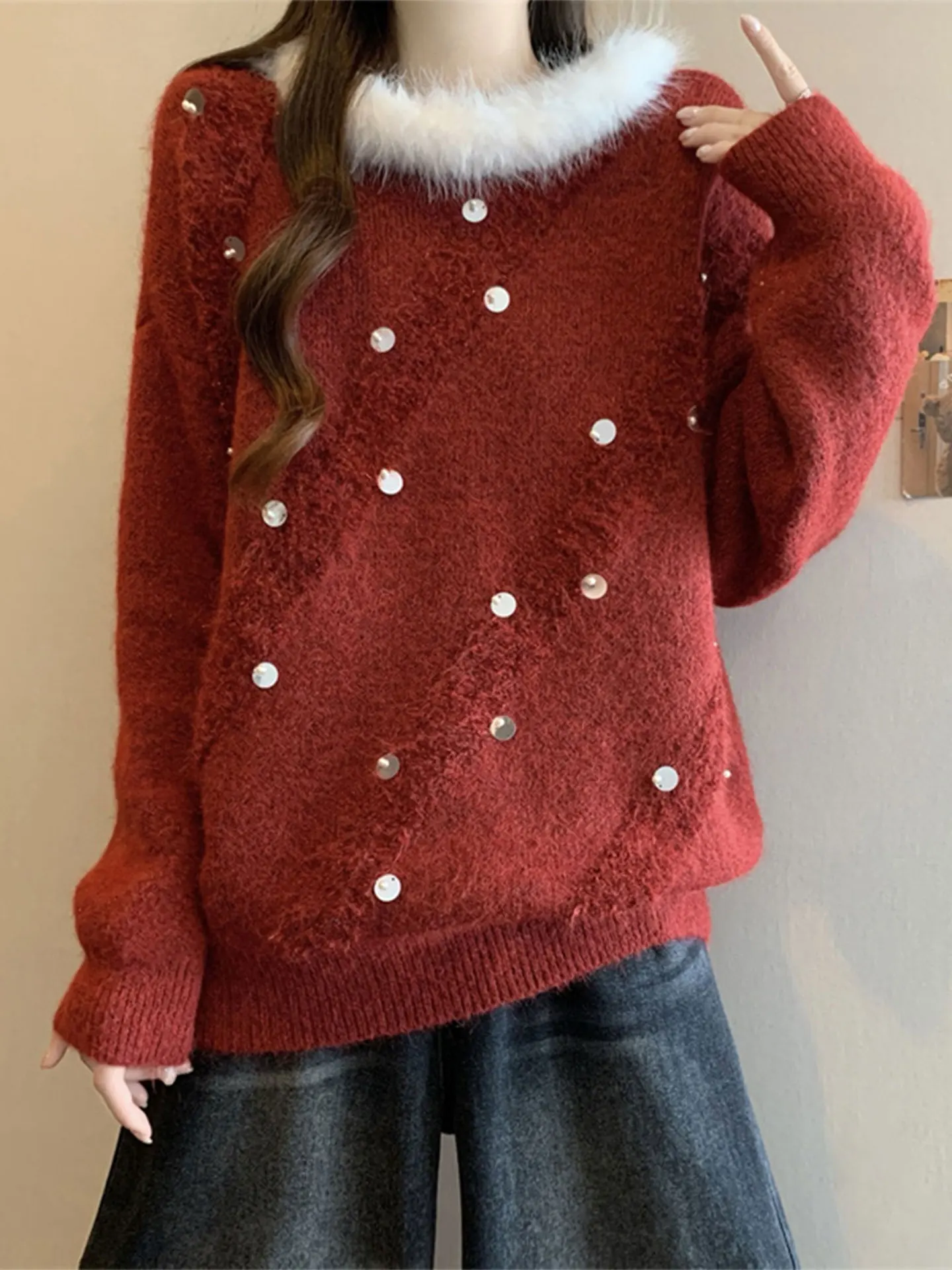 

Красный свитер с пайетками и длинными рукавами для женщин, зимний, больших размеров, модный, омолаживающий, повседневный, свободный, вязаный, из мягкой шерсти, с круглым вырезом