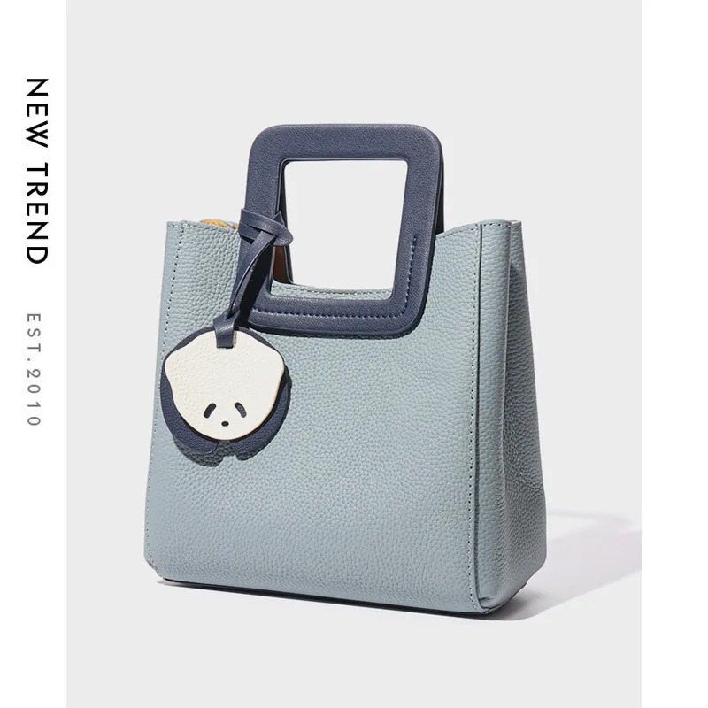 Lovely Light Blue Ladies Handbag Genuine Cow Leather Square Handle Women's Bag Luxury Designer Casual Tote