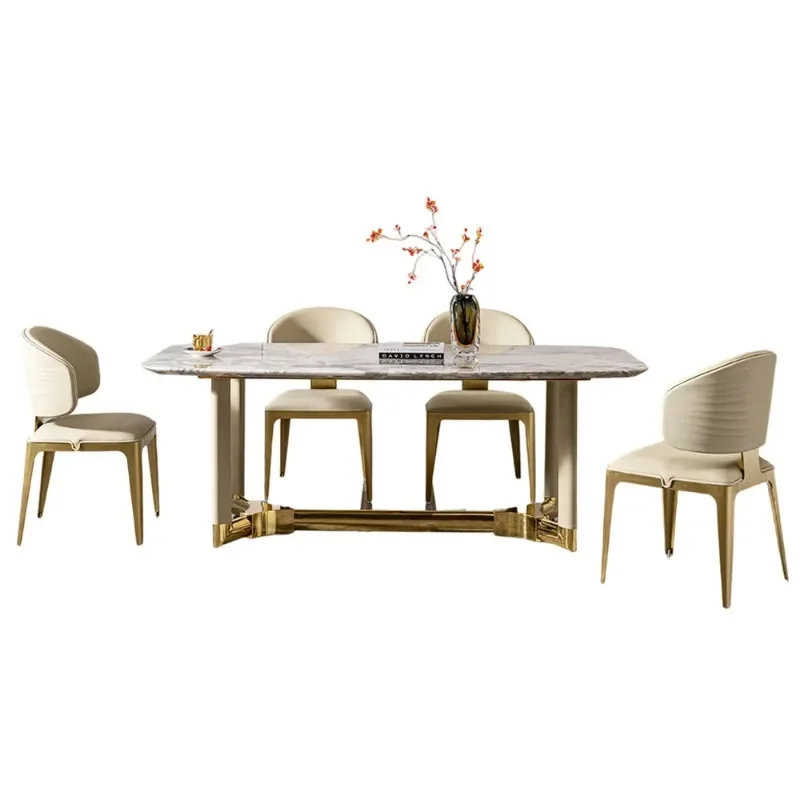 Hong Kong-style light luxury marble dining table rectangular high-end dining table 6-seater dining table and chair set