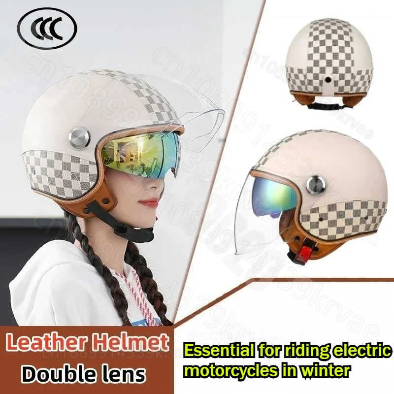 

Retro Motorcycle Half Helmet Dual Lens Electric Vehicle Three-quarters PU Helmet Colored Lenses half face helmet