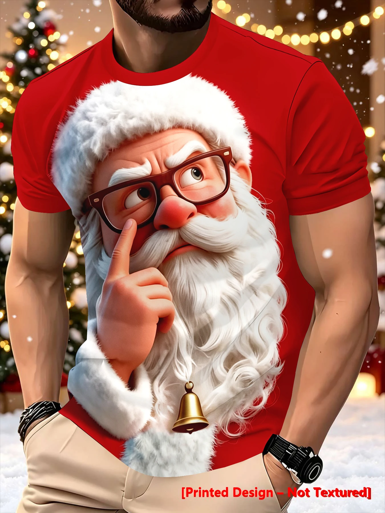 Christmas Holiday Men's Cartoon Santa Claus Print Short-Sleeved T-Shirt, Creative Visual Effect Round Neck Top, Casual and Comfortable Loose Fit, Fun Printed Top for Men for Holiday Parties and Daily Wear