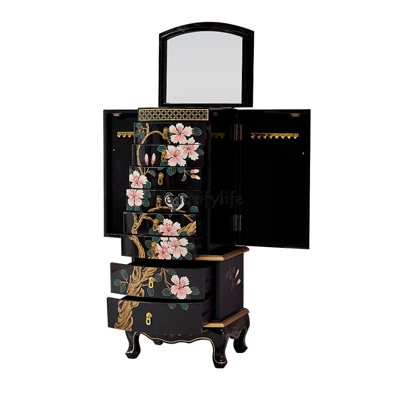 

1American painted chest cabinet, bedroom jewelry cabinet, black paint with mirror, high cabinet