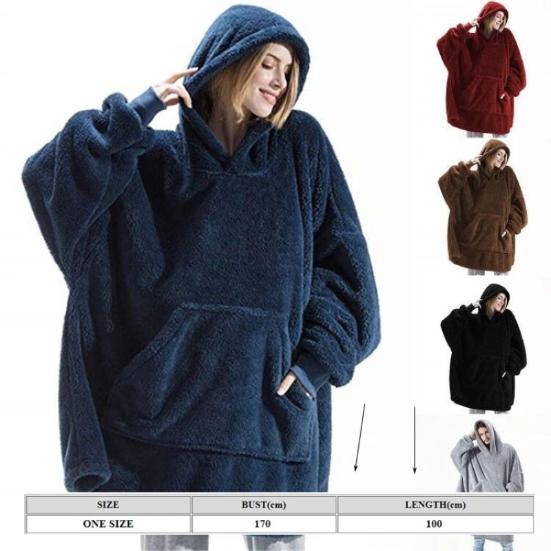 Winter Comfortable Loose Double-faced Fleece Hoodie Blanket Men/Women Oversized Thick Homewear Thick Fleece Giant Blanket Hoodie