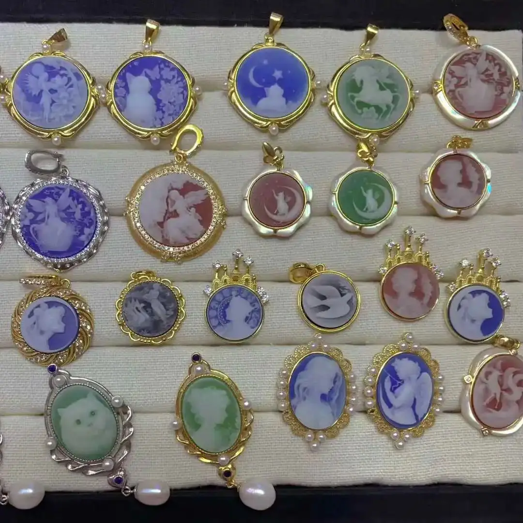 Agate Cameo Series Necklace Pendant with Floral Goddess & Zodiacal Signs Design Pure Silver Inlaid Exquisite Jewelry for Women