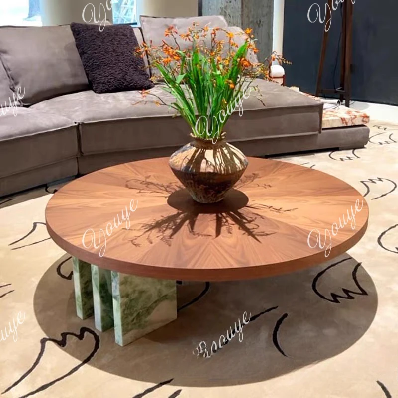 

Medieval marble round solid wood coffee table designer modern light luxury living room combination coffee table