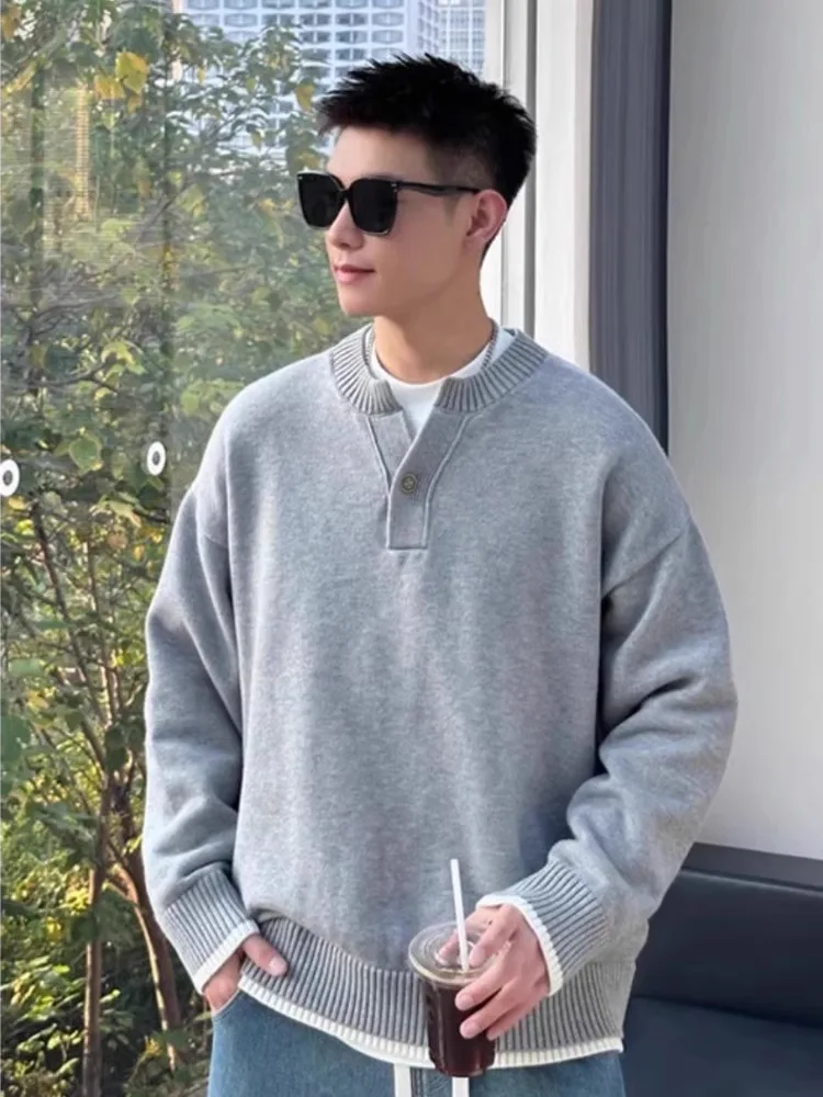 

Летний новый стиль: Мужской свободный повседневный вязаный свитер с V-образным вырезом, воротником Хенли, в стиле пэчворк, модный городской лонгслив