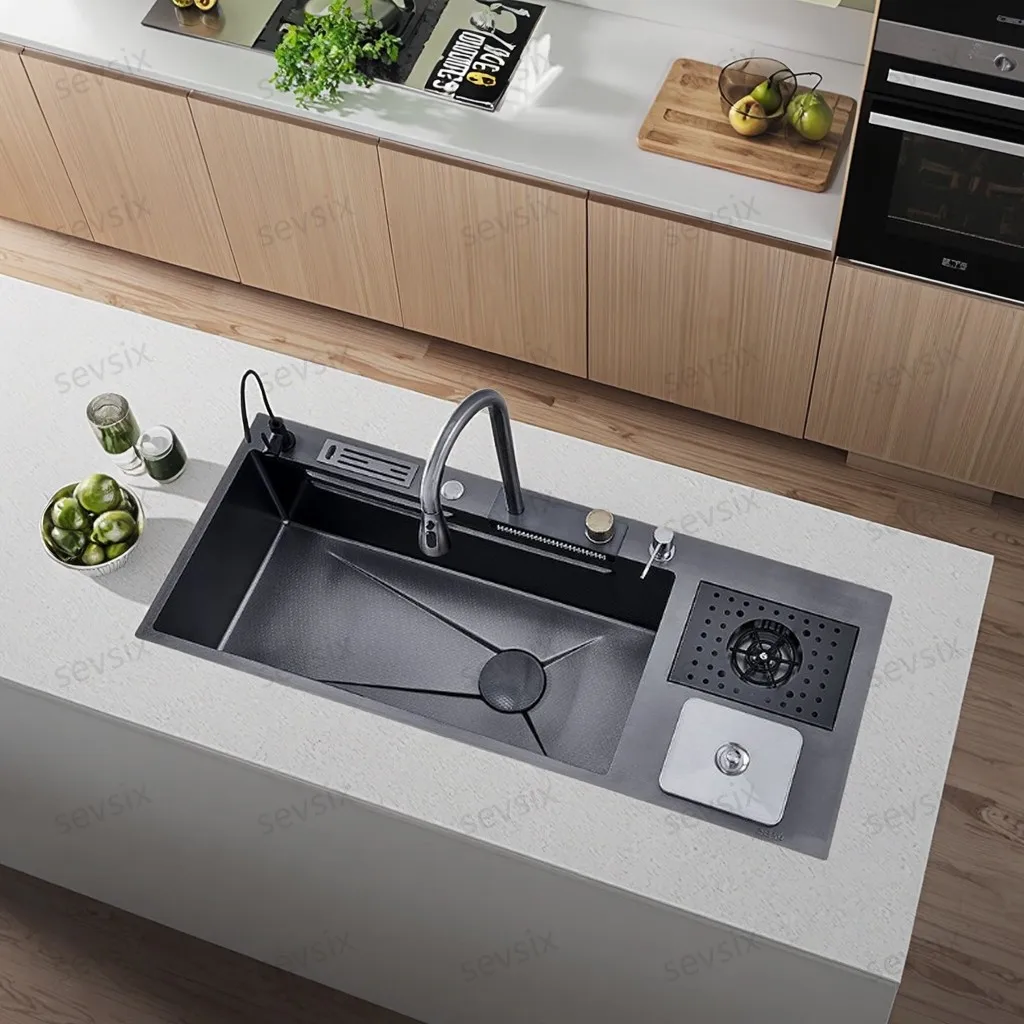 

Honeycomb Embossed Extra Large Kitchen Sink Organizer with Trash Can & Cup Washer 304 Stainless Steel