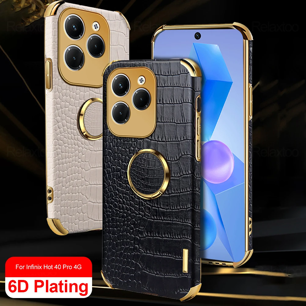 6D Plating Leather Cover For Infinix Hot 40 Pro 40i 4G Case Magnetic Holder Ring Shockproof Coque Hot40 Hot40pro 40Pro Hot40i 4G