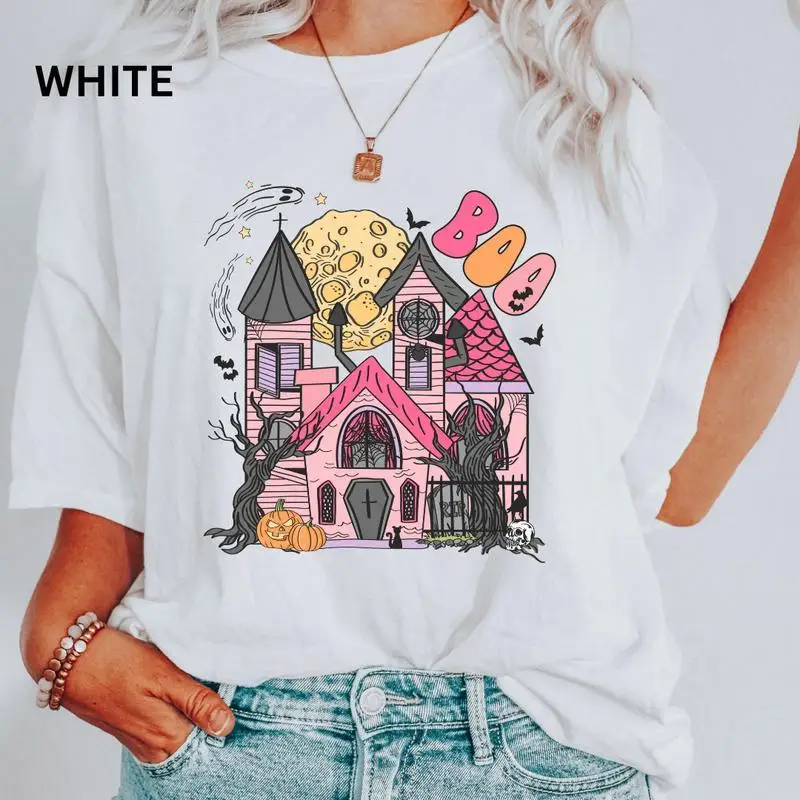 

Spooky Haunted House T-shirt for Women Y2K Oversized Graphic Halloween Tee Pastel Goth Aesthetic Short Sleeve Kawaii Tops