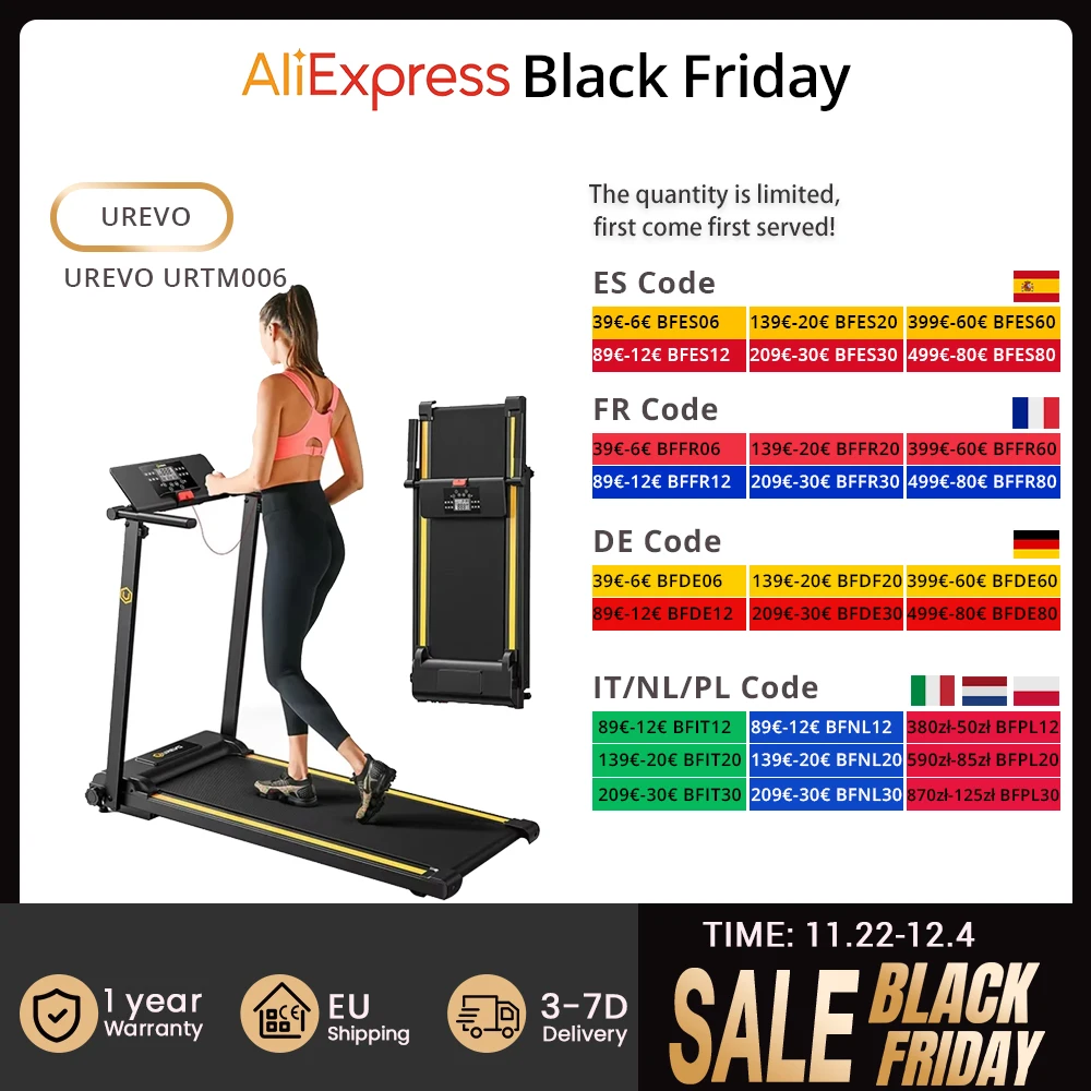 UREVO URTM006 Foldi mini Treadmill, Max Speed 1-10km/h, Walking Area 105*40cm, Max Load 100kg, 12 Built-in HIIT Programs