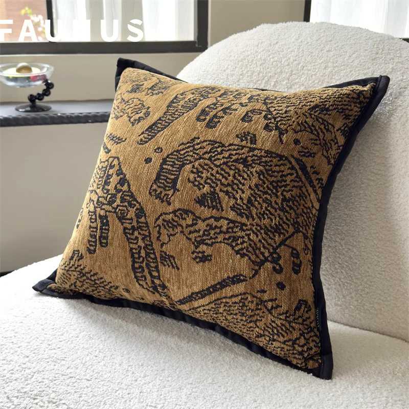Medieval light luxury high-end sofa throw pillow new Chinese leopard brown pillow bedside cushion backrest