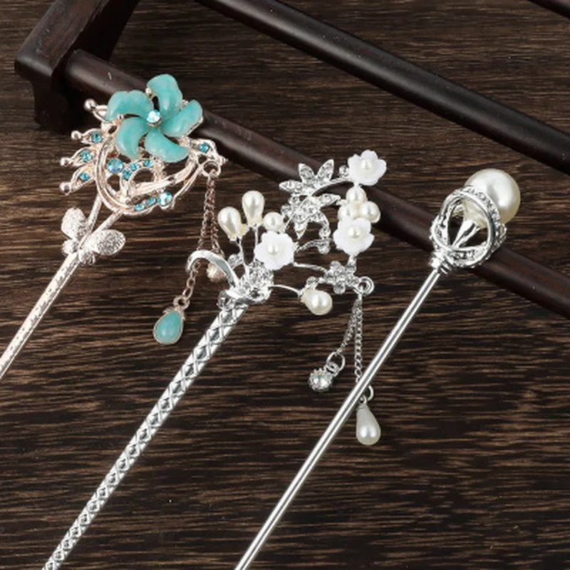 Fashion Rhinestone Flower Hair Stick for Women Vintage Crystal Hair Pins Jewelry with Party Girls Fashion Pearl Flower Hairpins