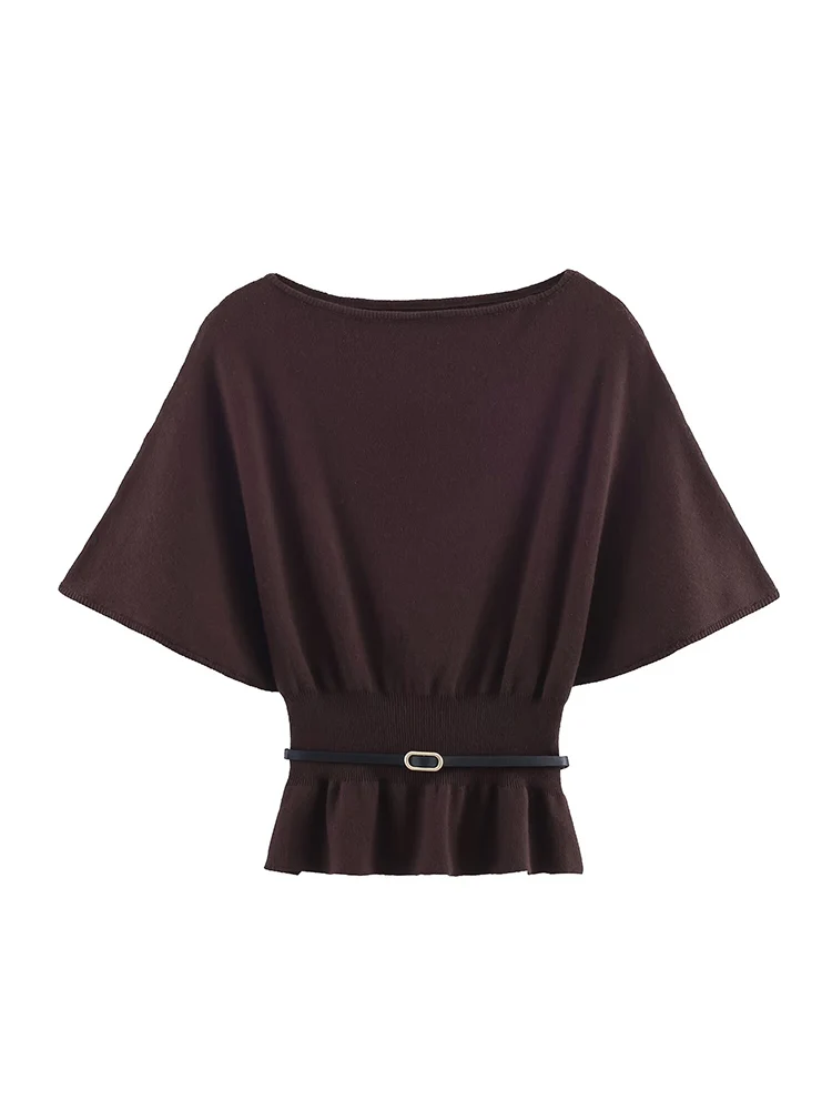 Femmes automne 2025 à manches courtes tricot porter Vintage nouveau froncé ourlet pull haut ample ceinture décoration décontracté dame tricoté pull