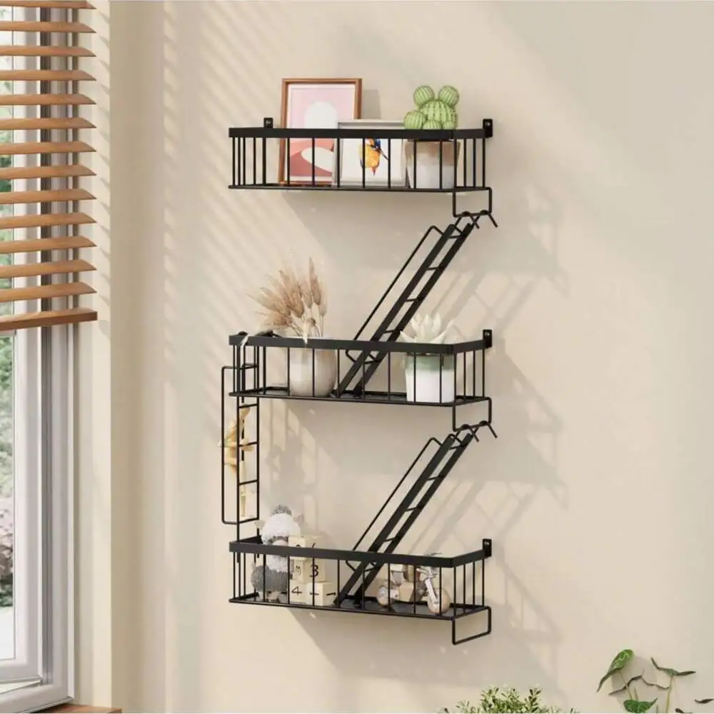 Tomnk 3-Tier New York Decorative Ladder Shelf, Organization, Wall Floating Shelf Black Metal Shelves For Bedroom, Home Office