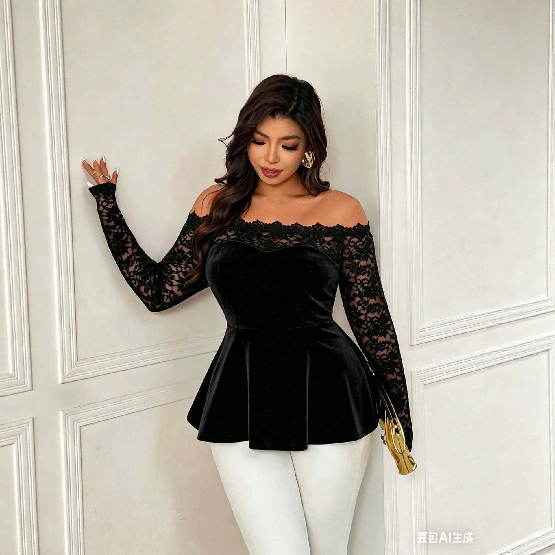Women's Solid Off Shoulder Scalloped Lace Long Sleeve Peplum Waist Slim Fit Comfortable Casual Versatile Trendy Daily Blouse Top