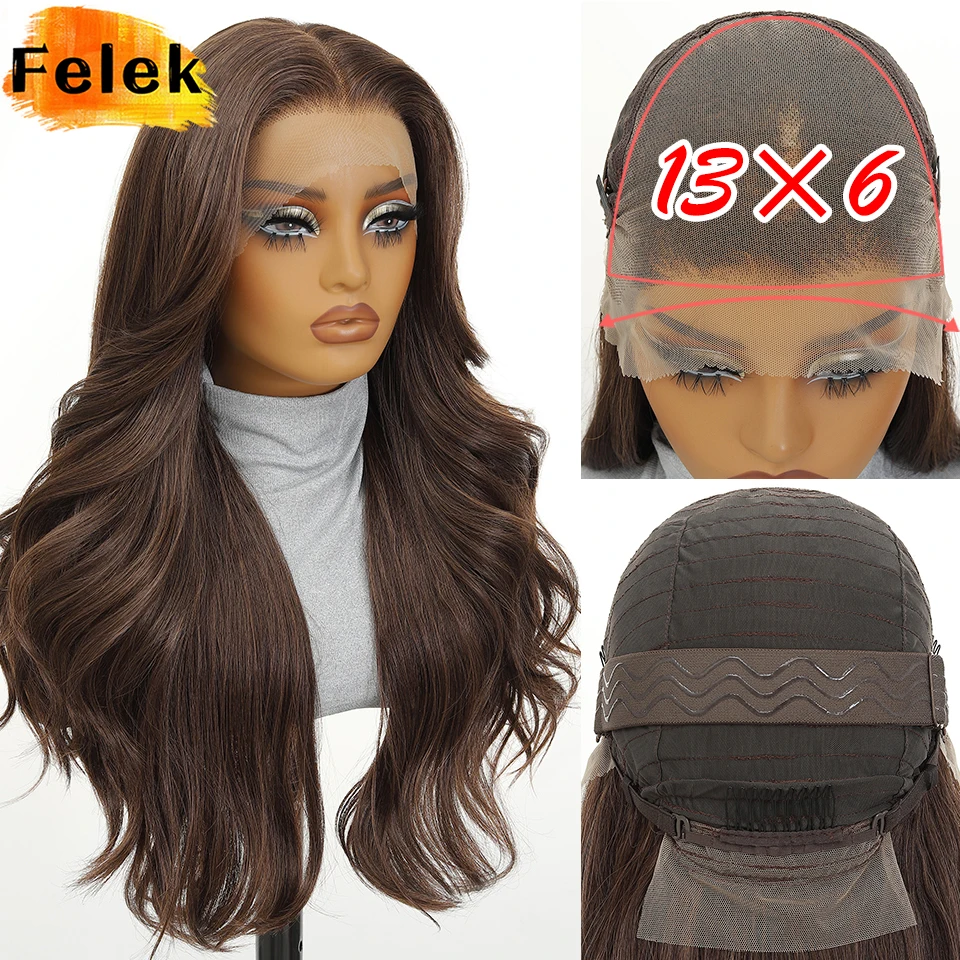 24 Inch Synthetic Layered Wigs for Women 13x6 Body Wave Lace Frontal Wigs for Halloween Pre Plucked Hairline for African Female