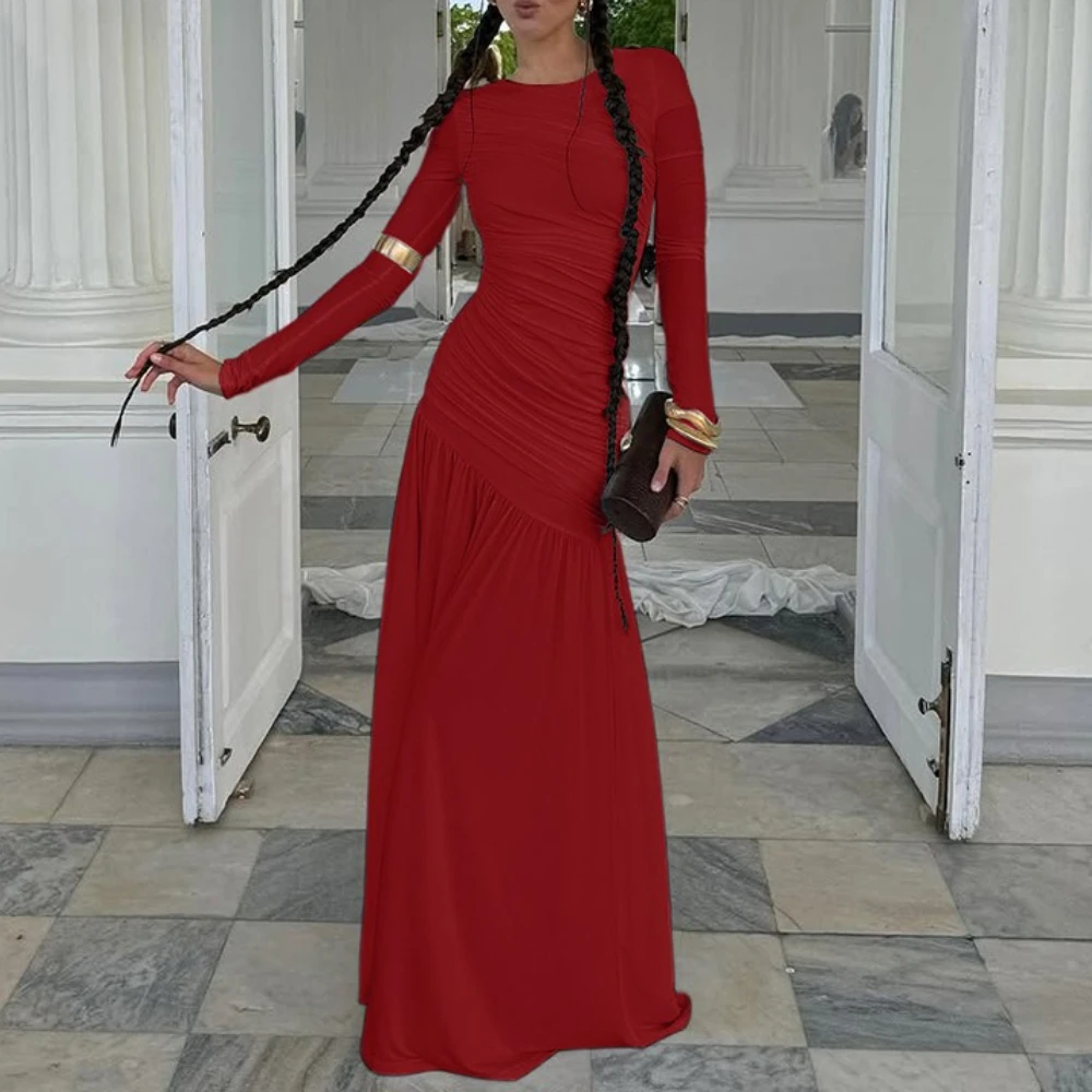 TWOTWINSTYLE Heiße Mädchen Falten Kleider für Frauen Rundhals Langarm Hohe Taille Modische Temperament Schlank Sheer Kleid Weibliche