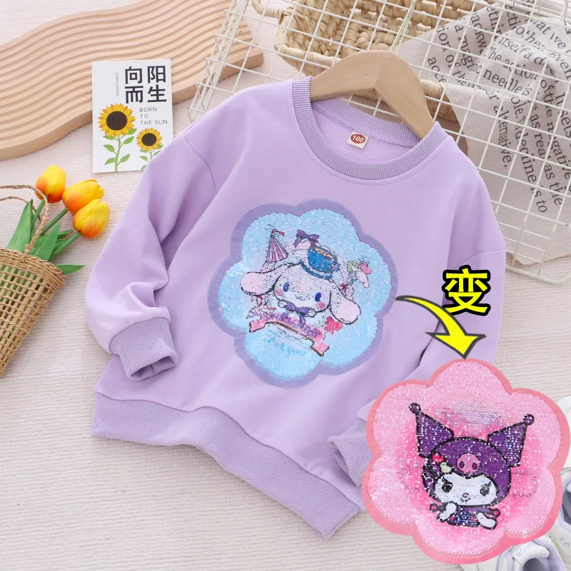 

2024 new girls Kuromi spring and autumn children's sweater Cinnamon sequins changeable pattern cotton soft skin-friendly top