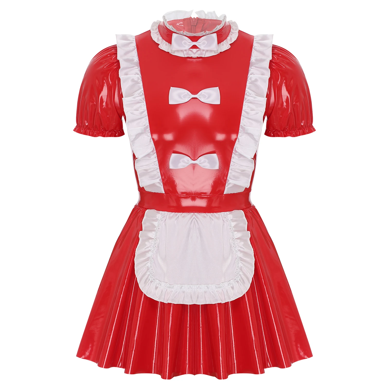 

Mens Sissy Maid Cosplay Dress Glossy Patent Leather Ruffles Trims Apron Puff Sleeve A-Line Bodycon Dress Naughty Maid Uniform