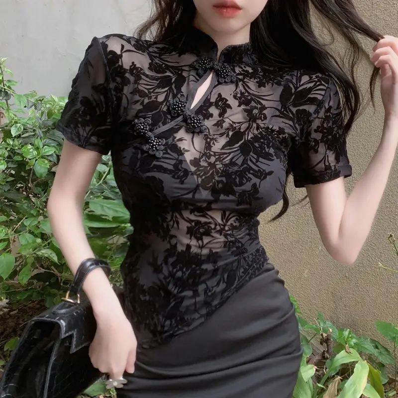 Chinesischen Stil Sommer Shirts Frauen Unregelmäßige Dünne Sheer Sexy Floral Entwickelt Kurzhülse Elegante Dame Vintage Ästhetischen Definiert
