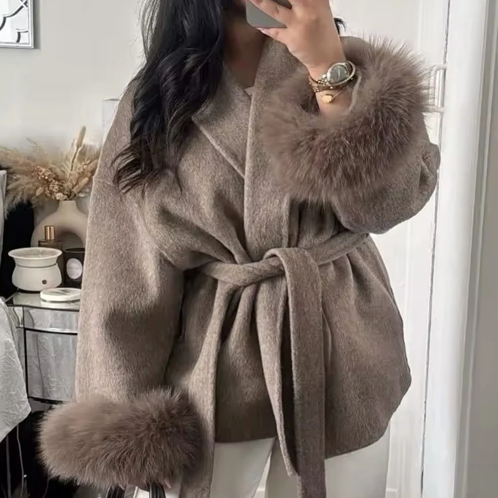 Talenza Fox Fur Wool Overcoat Women's Short Coat Office Lady Elegant Double-sided Woolen Coat 2025 Cardigan Jackets Loose Blends