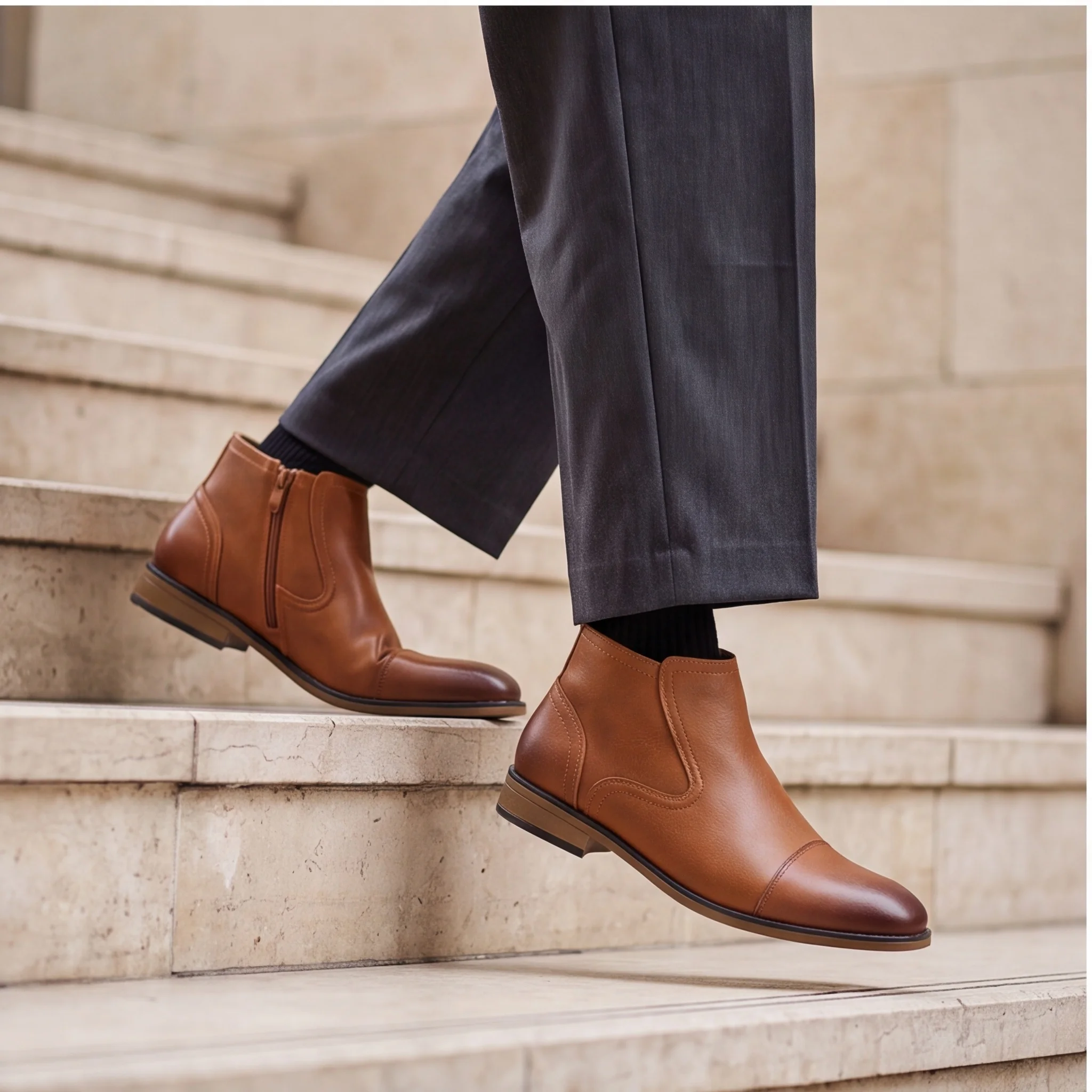 Men's Boots Tan Finish Boots For Man High Top Style Mens Boots Men's Ankle Boots Cap Toe Low Block Heel Dress Boots