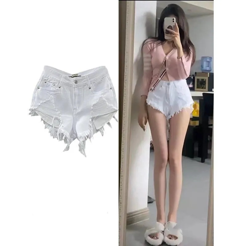 24 Summer New Women's White Jeans Shorts Hole Ripped High Waist Denim Shorts шорты женский Fashion Korean