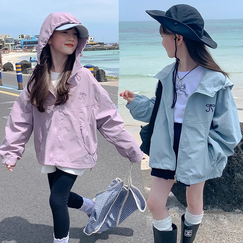 New Spring Autumn Fashion Girls Coat Bow Pattern Outdoor Travel Sunscreen Hooded Jacket For 3-12 Years Girl Children Outwear