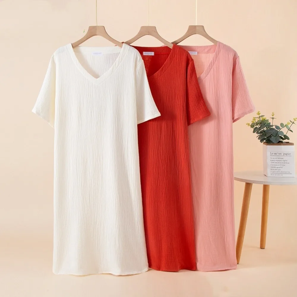 

Women's Nightgown Summer Short Sleeve One Piece Pajamas Dress Woman Sleepwear 100% Cotton Night Wear for Ladies Sleeping Wear