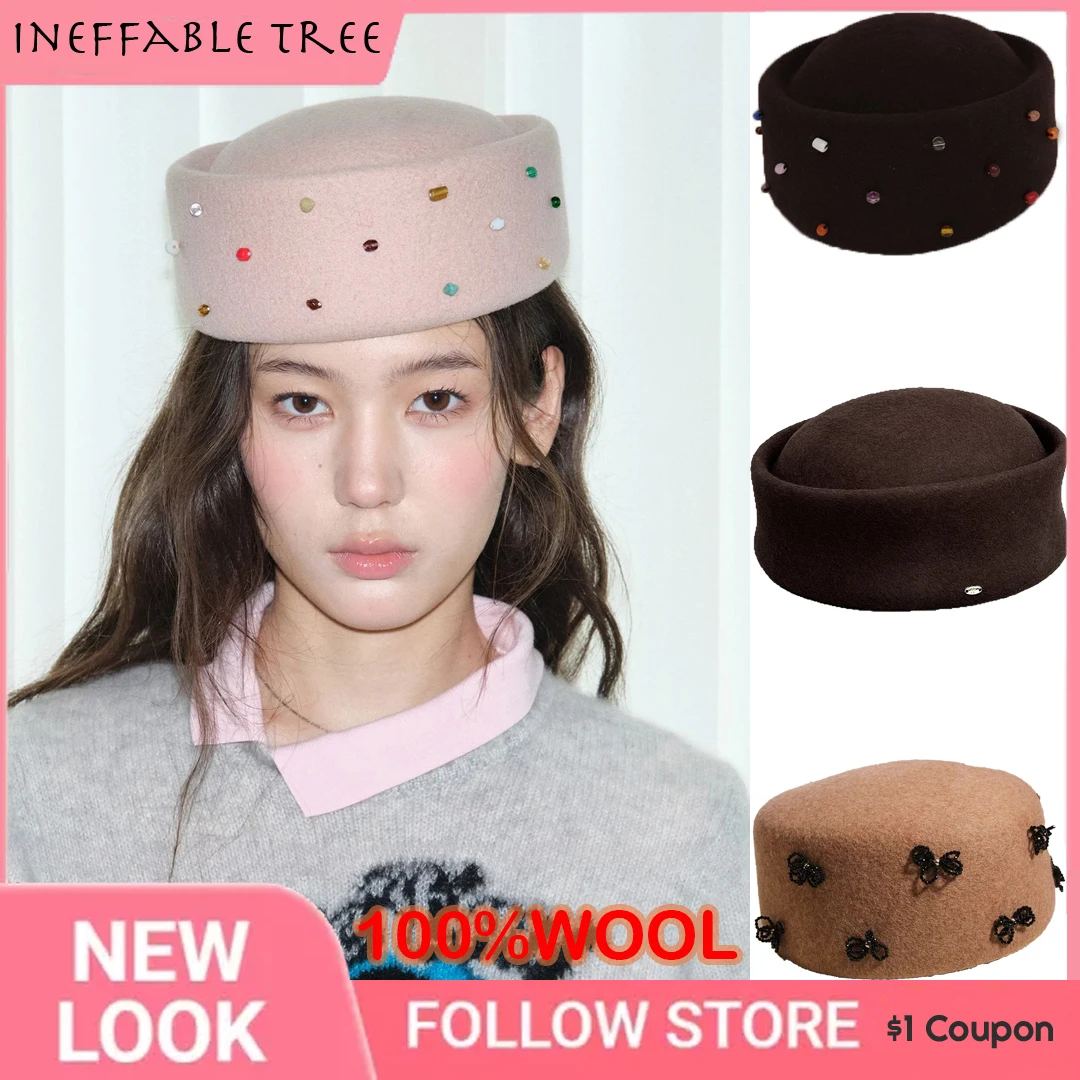 Wool Berets Hat Vintage Colorful Beaded Decor Bow Hard Concave Top Fedoras Hats Wedding Fascinator Wedding Cocktail Pillbox Cap