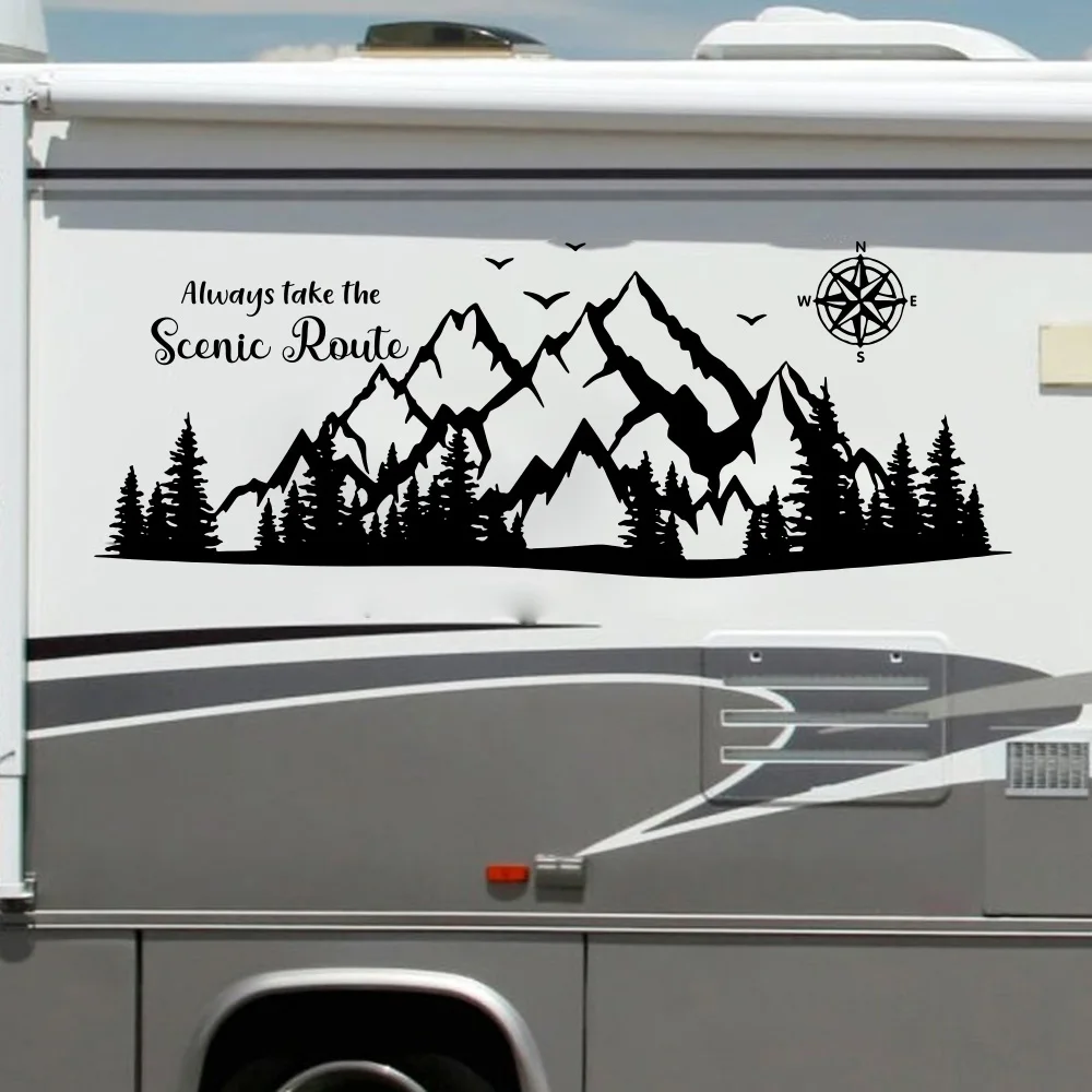 

Large Always Take The Scenic Route Mountain RV Camper Wall Sticker Compass Travel Explore Adventure Wall Decal Decor