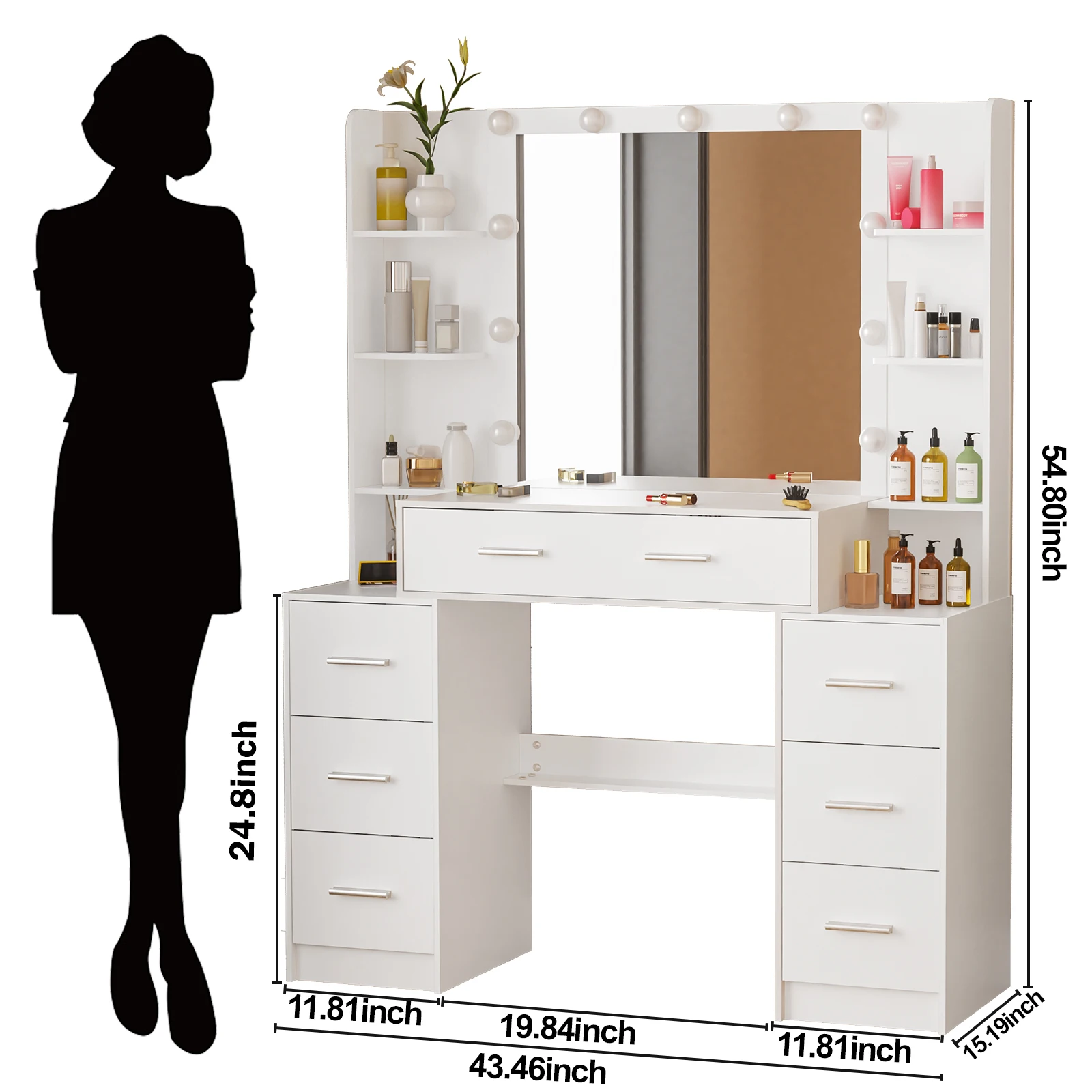 مكتب تزيين كبير مع 11 مرآة بإضاءة LED و7 أدراج طاولة مكياج حديثة #6