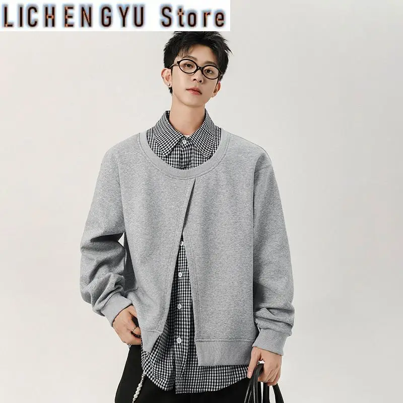 Men's Versatile and Fake Two Piece Design Fashion Korean Checked Printed Long Sleeve Sweatshirt 2025 New Autumn Solid Color Coat