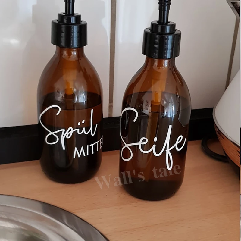 German Inscription Soap Dispenser Washing-up Liquid Vinyl Sticker Detergent Dispensers Label Decals Waterproof Removable Decal