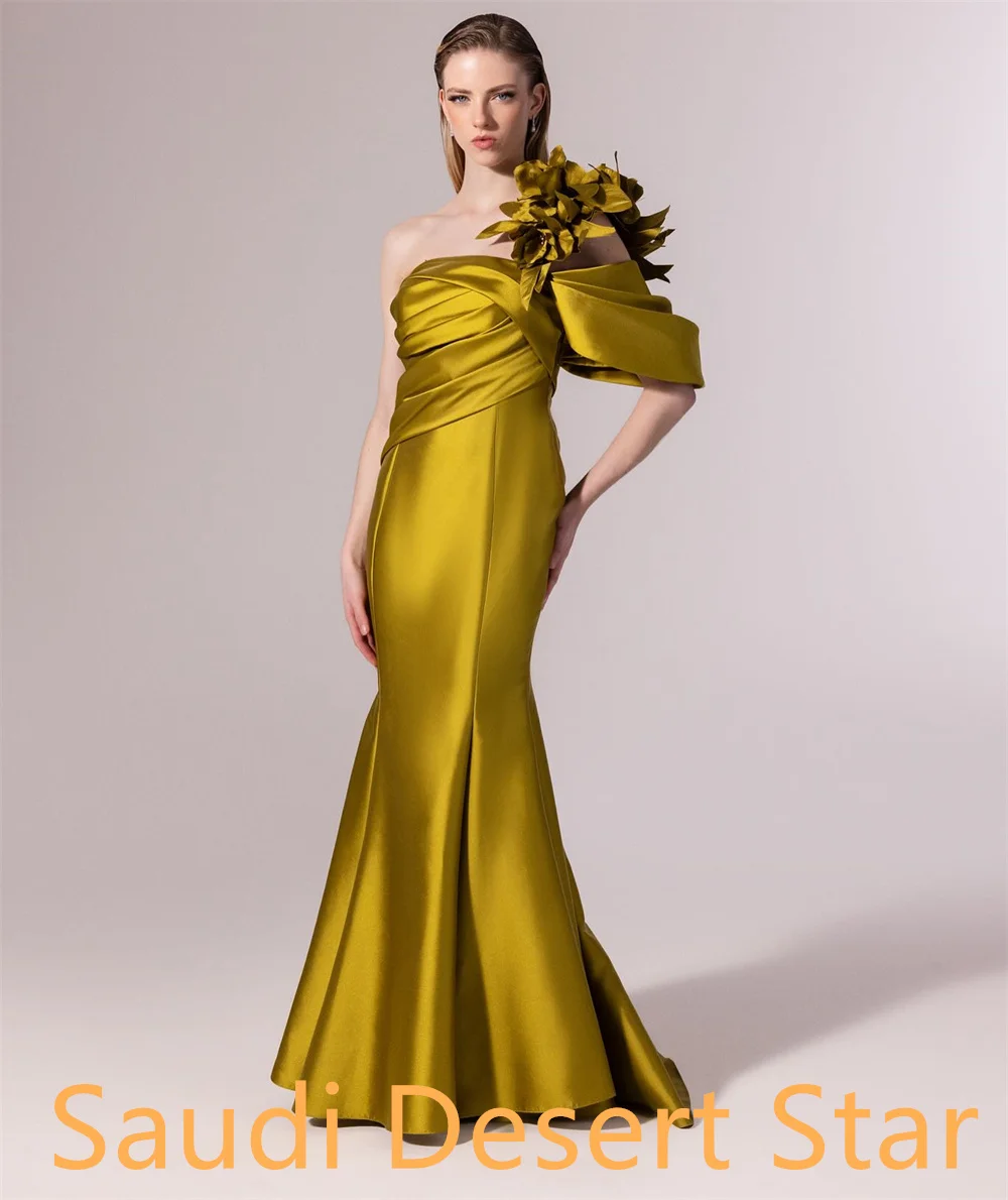 تخصيص مزاجه الأصفر الساتان فساتين المشاهير الرسمية كتف واحد Ruched الزهور حورية البحر سستة الظهر Vestido De Noche #5