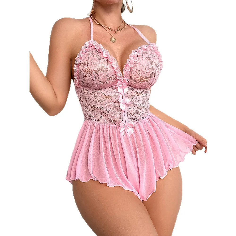 

Pink Lace Teddy Lingerie Bow Bodysuit Sheer Mesh Babydoll V Neck Romantic Underwear Backless Sexy Sleepwear for Women
