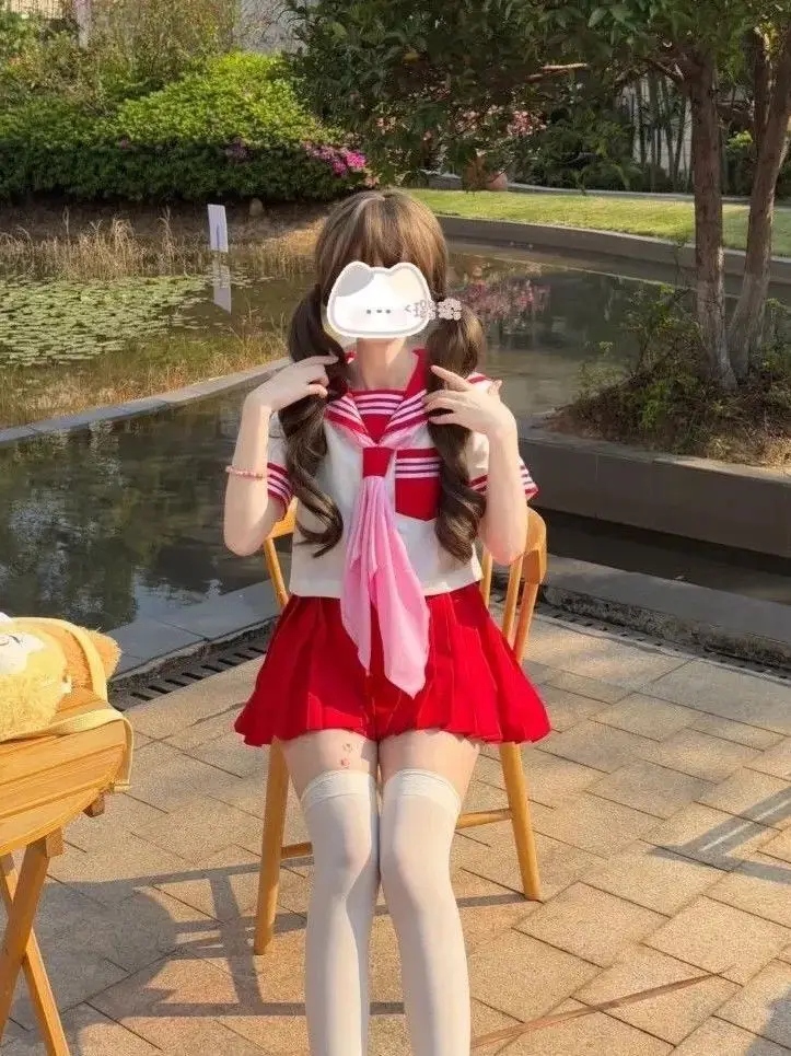 Cute Sweet Sister School Uniform Set Short Sleeve Basic Style Red Plaid Skirt Sailor Suit Middle JK Outfit Breathable Fashion